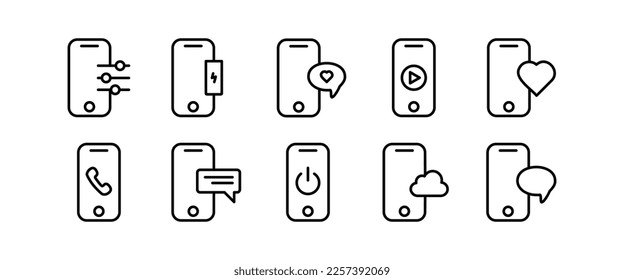 Servicios del icono del conjunto de teléfonos. Reiniciar, desactivar botón, almacenamiento en la nube, panel de control, corazón, mensaje, información, reloj despertador, mirar video, ticket, cargo. Icono de línea de vector sobre fondo blanco