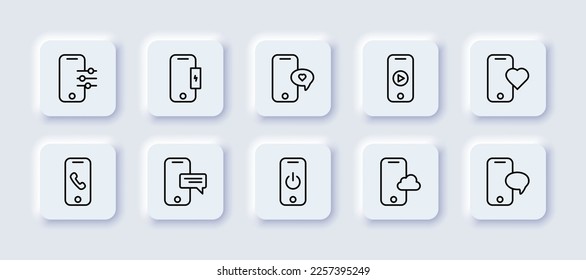 Services of the phone set icon. Reset, ticket, watch video, charge, information, cloud storage, message, control panel, alarm, off button, heart. Neomorphism style. Vector line icon for Advertising