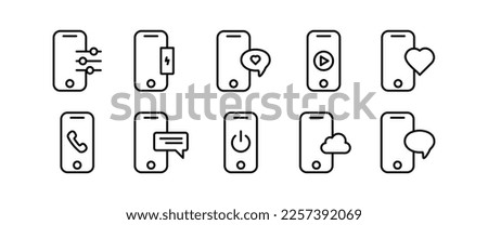 Services of the phone set icon. Reset, off button, cloud storage, control panel, heart, message, information, alarm clock, watch video, ticket, charge. Vector line icon on white background