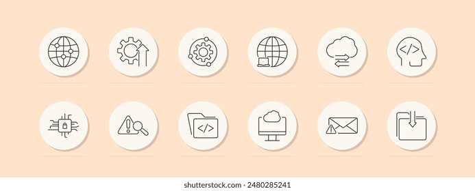 Icono de conjunto de servicios de TI. Globo, engranaje, codificación, chip, lupa, nube, monitor, correo electrónico, Cargar. Icono de línea de Vector sobre fondo de melocotón.