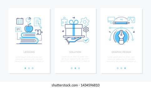 Services - set of line design style vertical web banners on white background with copy space for text. Images of books, gift, graphic tools, pen, curves. Lessons, solutions, digital drawing concepts