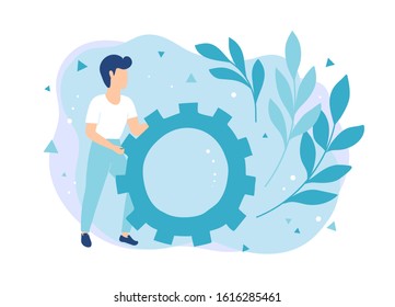 Services for setting up and repair technical equipment. Concept man pushing gear