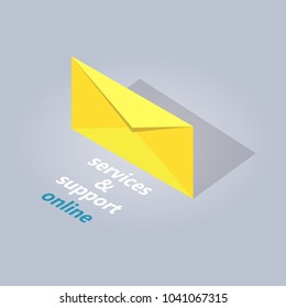Services and support online in chat. Big yellow envelope isolated on grey background with sign. E commerce advertising vector illustration. Learn information in chat to make shopping easier.