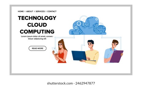 services technology cloud computing vector. virtualization backup, scalability integration, automation migration services technology cloud computing web flat cartoon illustration