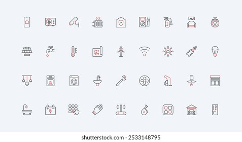 Serviços e utilitários para casa, conjunto de ícone de linha de garagem. Fornecimento de água e eletricidade a partir de painel solar e gerador de vento, limpeza e lavanderia fina preto e vermelho esboço símbolos vetor ilustração