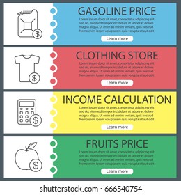 Services web banner templates set. Buy clothes, fruit, gasoline. Income calculations. Website color menu items with linear icons. Vector headers design concepts