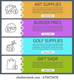 Services web banner templates set. Shopping bag with dollar sign. Buy art and golf equipment, burger. Website color menu items with linear icons. Vector headers design concepts