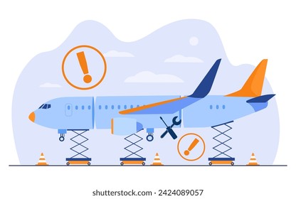 Servicing-Flugzeugkonzept. Vektorgrafik von Flugzeug-, Schraubenschlüssel-, Schraubendreher- und Warnschildern, die Reparatur-Orte anzeigen. Inspektion unsicherer Flugzeuge auf Verstöße im Baugewerbe. 