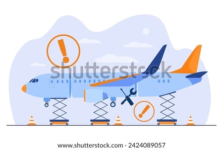 Servicing aircrafts concept. Vector illustration of airplane, wrench, screwdriver and warning signs showing places to repair. Inspection of unsafe aircraft for finding violations in construction. 