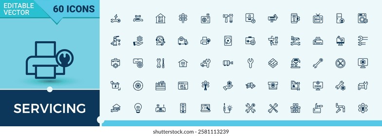 Servicing icons set in linear style. Includes icons for tool, mechanic, assistance, equipment, hammer, setting, center and more. Vector outline and solid icons collection.