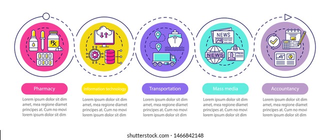 Servicing industry vector infographic template. Business presentation design elements. Data visualization with five steps and options. Process timeline chart. Workflow layout with linear icons