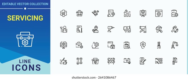 Servicing line icon set. Related to washing, cleaning, work, service, electrical and more. Maintenance modern icon set. Modern vector UI icons. Vector illustration.