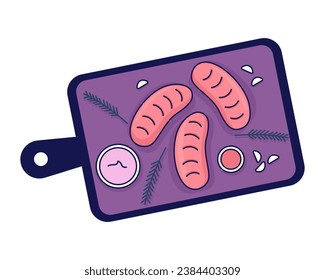 Serving board with snacks 2D linear cartoon object. Baked sliced food serving tray isolated line vector element white background. Baguette sliced bread on wood platter color flat spot illustration