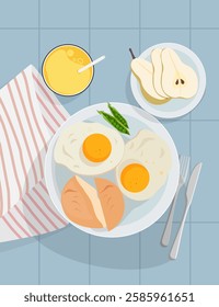 Serving breakfast with eggs, fresh fruit and pears. Vector illustration.