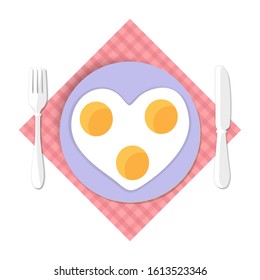 Serving Breakfast to a loved one on Valentine's Day. Scrambled eggs in shape of heart. February 14 concept. Cooking with love. Vector illustration