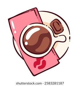 Serving cartoon cup of coffee, top view. Funny cup full of brown drink on saucer with pink cute napkin and chocolate candy. Dessert, coffee break mascot, cartoon morning beverage vector illustration