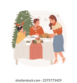 Serving Christmas meal isolated cartoon vector illustration. Family gathering for xmas celebration, woman serving traditional meal for holiday, Christmas time with relatives vector cartoon.