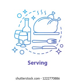 Serving concept icon. Holiday dinner or supper idea thin line illustration. Thanksgiving turkey. Vector isolated outline drawing