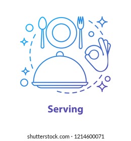 Serving concept icon. Time to eat. Restaurant. Dinner idea thin line illustration. Plate and cutlery set, tray with lid. Vector isolated outline drawing