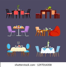 Serving for couple, glass and ceramic plates, soft chairs and plant. Board with fast food, sushi and sweets meal. Design view of decorated table vector