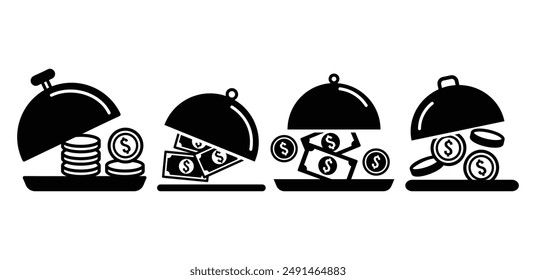 serving dish open with money dollar coin icon symbol vector design black white color simple illustration collection set
