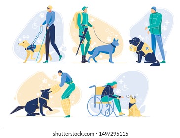 Serving Dogs with Owners Set. Pets Help People. Border Guard, Rescuer, Guide for Blind Man, Pet and Disabled Person in Wheelchair. Animals Professions in Human World. Cartoon Flat Vector Illustration svg