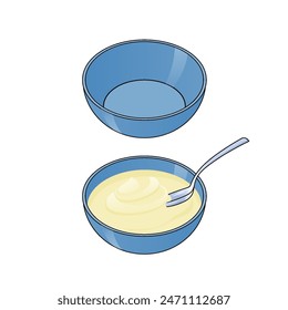 Serving food: bowl of creamy soup with a spoon - concept of meal preparation and presentation.