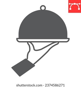 Sirviendo un icono de glifo de comida, servicios de cena y hotel, manto de mano que sirve el icono vectorial de placa, gráficos vectoriales, símbolo sólido de trazo editable, eps 10.