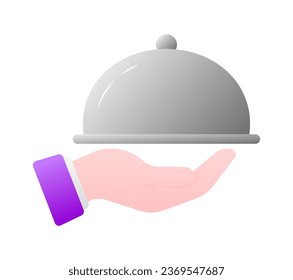 Serving food icon. Flat, color, covered tray in hand, serving food, tray in hand. Vector icon