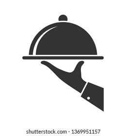 Serving food icon. Sign hand of waiter with serving tray. Waiter serving. Isolated symbol on white background. Vector illustration