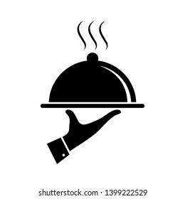 Serving food icon. Sign hand of waiter with serving tray. Waiter serving. Isolated symbol on white background. Vector illustration
