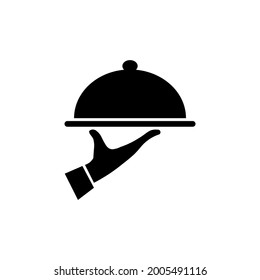 Serving food icon. Sign hand of waiter with serving tray. Waiter serving. Isolated symbol on white background.