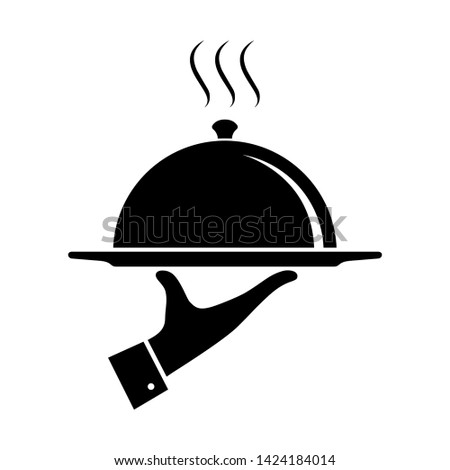 Serving food icon. Sign hand of waiter with serving tray. Waiter serving. Isolated symbol on white background. Vector illustration