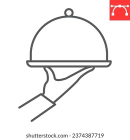 Icono de línea de comida, servicios de cena y hotel, manto de mano que sirve icono vectorial de placa, gráficos vectoriales, símbolo de contorno de trazo editable, eps 10.