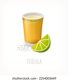 Serving of golden tequila with slice of lime and salt. Shot glass full of alcoholic drink. Isolated vector image. Liquor from classic cafe or pub menu