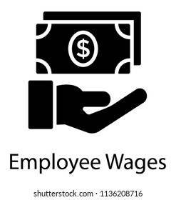 Serving hand displaying paper money notes, offering employee wages icon