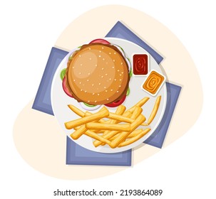 Serving of healthy burger with fried fries. Full portion popular fast food lunch with fried potato. Street food restaurant menu. American dish meal for cafe, bar, pub Isolated flat vector