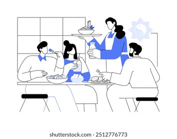 Serving healthy food isolated cartoon vector illustrations. People eating healthy food in retreat center, recreation business, professional catering, vegan meal on the table vector cartoon.