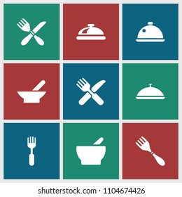 Serving icon. collection of 9 serving filled icons such as bowl, dish, fork and knife. editable serving icons for web and mobile.