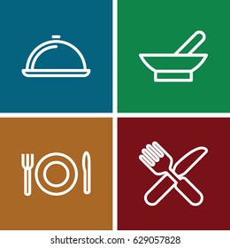 Serving icons set. set of 4 serving outline icons such as bowl, fork and knife, dish