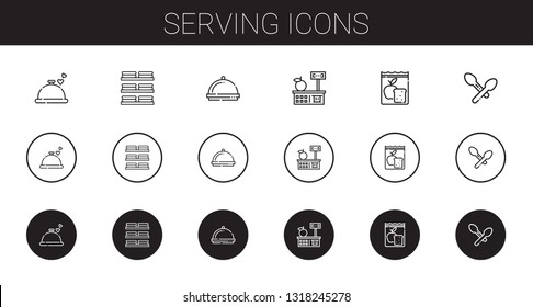serving icons set. Collection of serving with dinner, dishes, tools and utensils, meal, spoon. Editable and scalable serving icons.