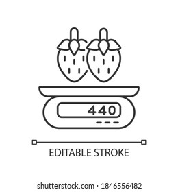Servieren eines linearen Informationssymbols. saftige Erdbeere. Produkt auf Skalen. Kontrolle der Nahrung über die Nahrung. Dünne, anpassbare Illustration. Contour-Symbol. Vektor-einzelne Rahmenzeichnung. Bearbeitbarer Hub