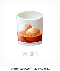 Serving of irish or scottish whiskey on rocks. Glass full of alcoholic drink with ice. Isolated vector image. Liquor from classic cafe or pub menu