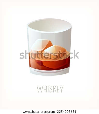 Serving of irish or scottish whiskey on rocks. Glass full of alcoholic drink with ice. Isolated vector image. Liquor from classic cafe or pub menu