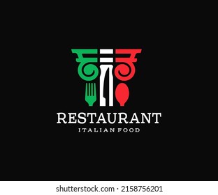 Serving in the italian restaurant logo design. Fork and knife and ancient column vector design. Eating food in a cafe with italian flag logotype