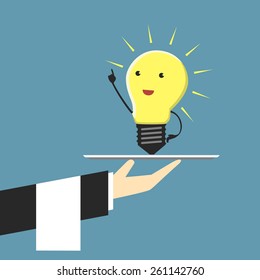 Serving light bulb character standing on plate in moment of insight, EPS 10 vector illustration