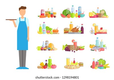 Serving man, waiter wearing apron vector. Isolated worker, burger and chicken poultry, bottle with beverage drink, fruits and vegetables tasty meal