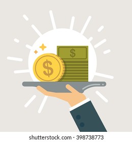 Serving money vector illustration. Businessman hand holding a tray with money.