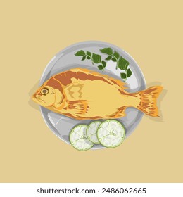 serving a plate of fried fish with several lime slices and vegetables on a yellow background