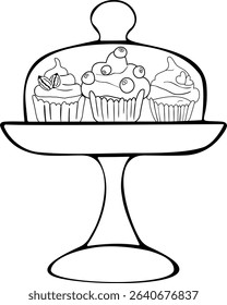 Serving plate for sweet desserts, cake tray. Tray with cupcakes with cap. Three muffins: berry, nuts and chocolate. vector illustration, isolated on white background.